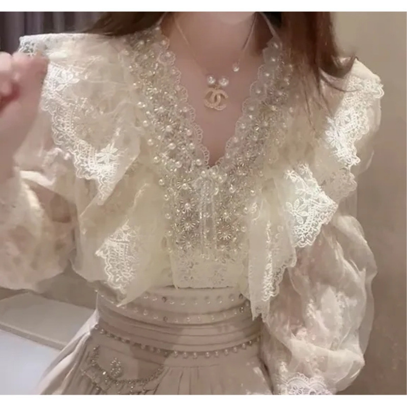 First Love Story Heavy Industry Hand-stitched Pearl Multi-layer Lace Shirt New Style Stylisic Puff Sleeve Collar Slim Tide Top