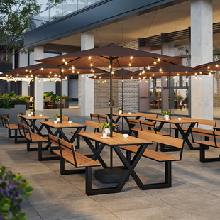 Outdoor Plastic Wood Table and Chair Combination with Backrest and Parasol for Shopping Malls, Cafes and Milk Tea Shops with Outdoor Dining Tables and Chairs