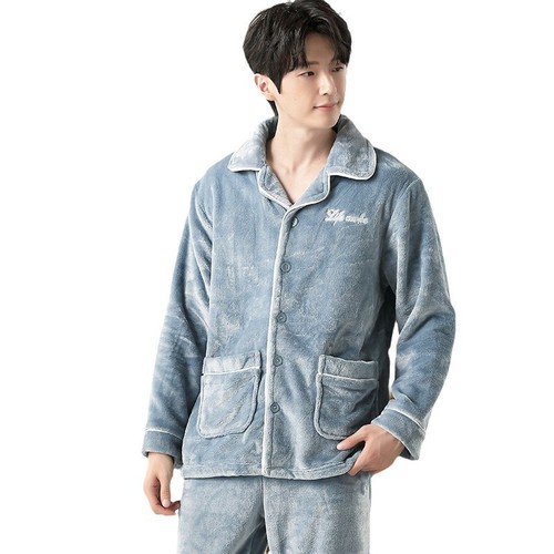 Sky blue and white striped top + pants two-piece men's fleece pajama set