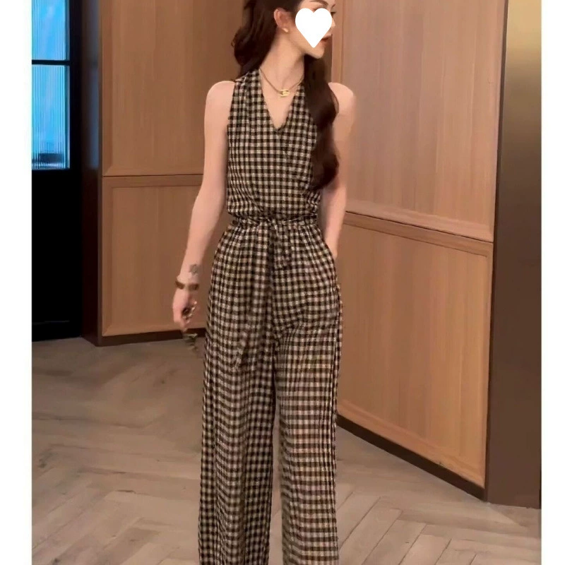 Летний комплект в винтажном стиле с кружевной завязкой и клетчатым принтом 2025 года. Новый топ и широкие брюки в корейском стиле. Женская одежда.