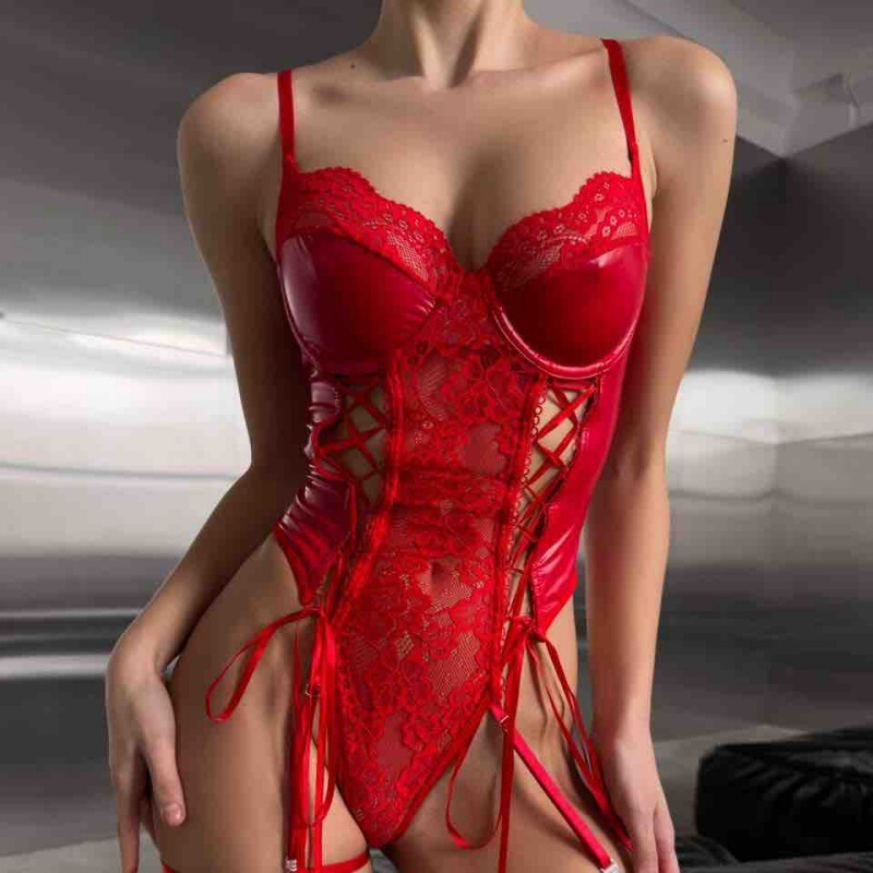 Cross-Border Foreign Trade Popular Red Lace Strap See-Through Cut Out Pu Leather Sexy Tight Suspender Jumpsuit for Women