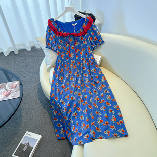 65.00 kg-150.00 kg plus size Women's chubby girl Summer New Waist Slimming Floral dress Puff Sleeve Midi Dress