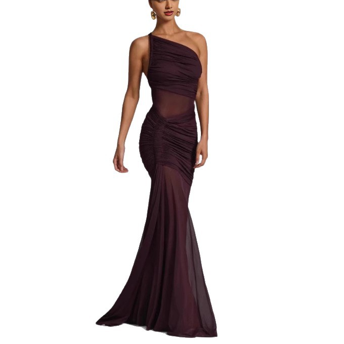 Off-Shoulder See Through Pleated Dress American Style Sexy Bodycon Slim Fit Hot Girl Fashion_ecoleips.com