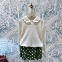 25秋冬新款女童羊毛翻领花边长袖毛衣法式白色纯色羊毛衫