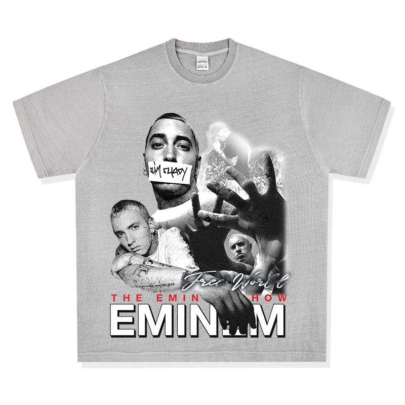 エミネムeminemプリントアメリカンヒップホップストリート長袖半袖レトロ水洗いオールドファッションtシャツ