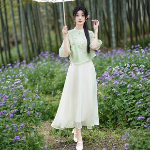 Summer New Chinese Style Retro Embroidered Tang Suit with Han Elements Improved Hanfu Girl Cheongsam Top Chinese Style Tea Suit Set
