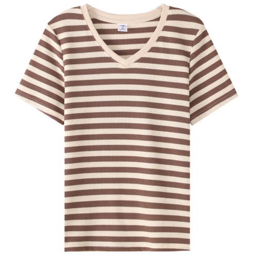 397 华夫格条纹V领宽松短袖T恤夏季新款韩版文艺休闲纯色百搭上衣