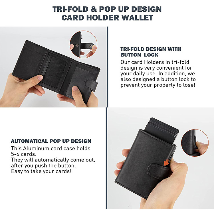 Nuevo cross-border empuje lateral caja de aluminio RFID billetera de cuero comercio exterior bolsa de tarjetas de aleación de aluminio de cuero cremallera bolsa de cambio