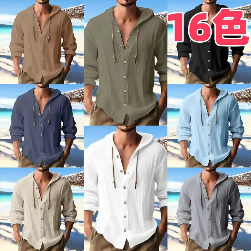 Cross-border Men's Sports Casual Long Sleeve Shirt Cotton Linen Hooded Fashion Sweatshirt Trendy All-match Loose Beach T-shirt Cross-border Men's Sports Casual Long Sleeve Shirt Cotton Linen Hooded Fashion Sweatshirt Trendy All-match Loose Beach T-shirt