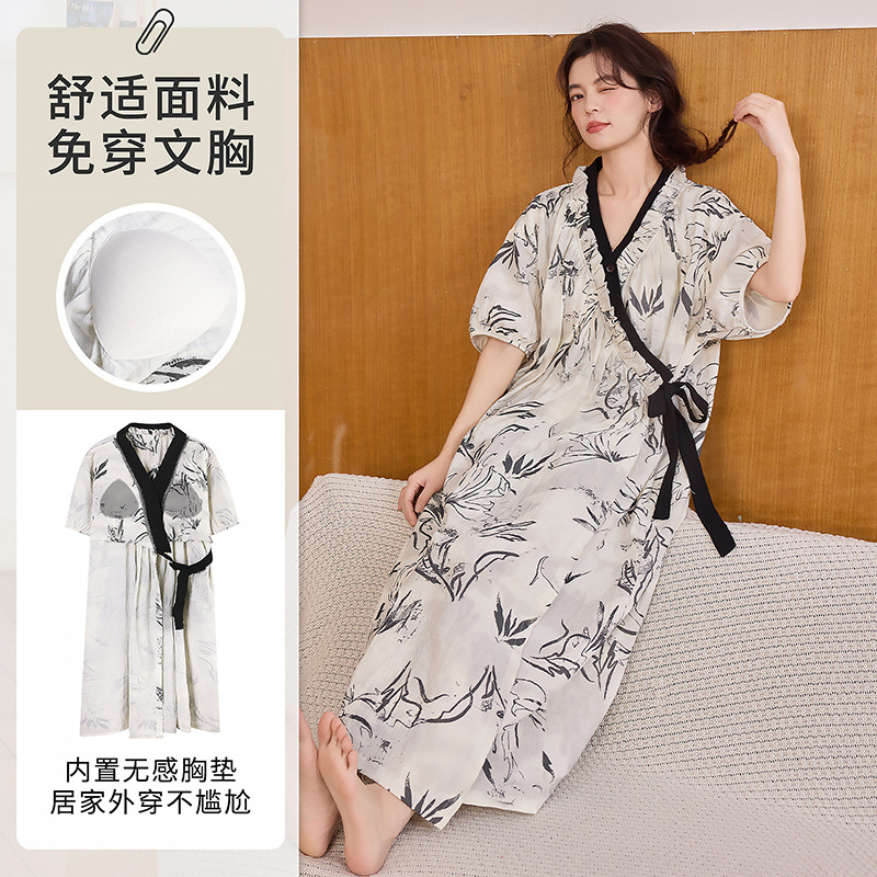 2026 New Style Women's Summer Cloud Cotton Thin Short-Sleeved Japanese Kimono Pajama Dress with Chest Pads and Tie