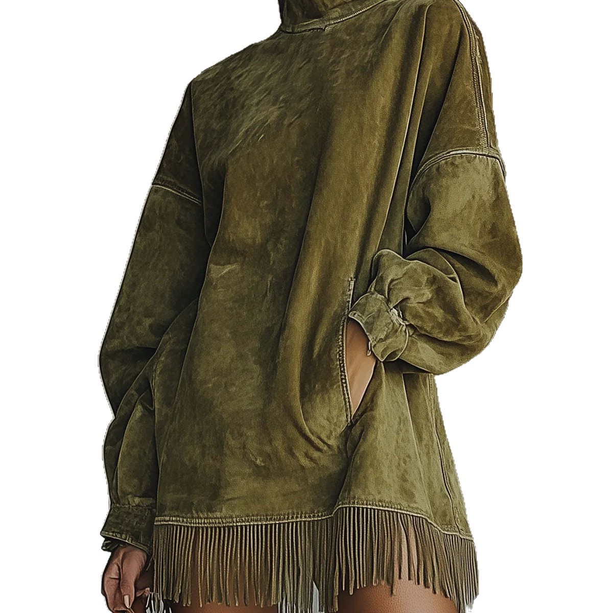 Women's Clothing High Neck Long Sleeve Tassel Detail Suede Dress Loose Fit With Pockets For Women For Formal & Casual For Women_ecoleips.com