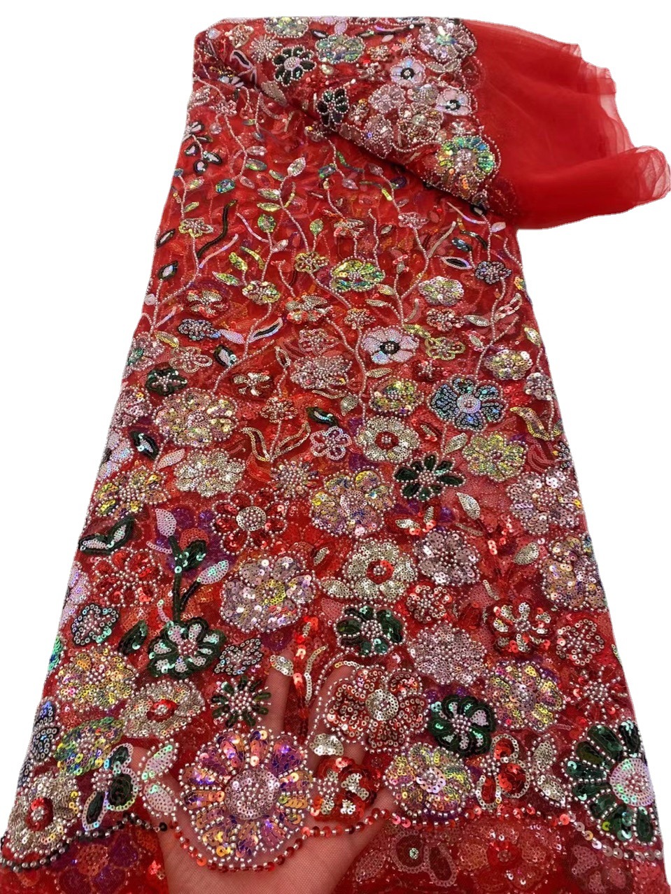 外贸出口蕾丝花边彩色亮片珠子连衣裙旗袍婚纱服装舞台演出面料布