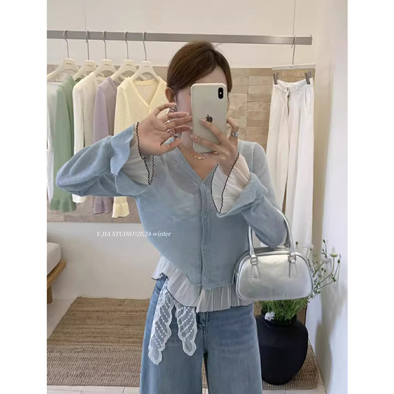 New Summer Tops, Korean Style V-Neck Ruffled Lace Splicing, Slightly Flared Loose Knitted Cardigan, Thin Jacket for Women