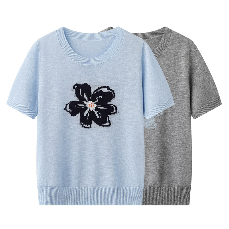 Contrast Color Floral Jacquard Knitwear Women's Short-Sleeved 2026 Summer New Style Relaxed Thin Top T-Shirt M86S524A