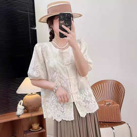新中式复古刺绣蕾丝衬衫女夏季款中式小香风衬衣别致上衣HA8514