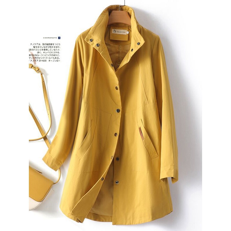 Stand Collar Long Sleeve Buttoned Mid-Length Autum Shirt Style Windbreaker 2024 New Cotton Windbreaker High Collar Jacket for Women 9696