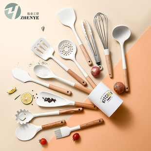 Milky White Wooden Handle Silicone Kitchen Cooking Set 12-Piece Kitchen Tool Set 12-Piece Kitchen Set