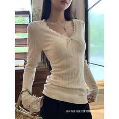 针织衫女早秋季新款氛围感穿搭蕾丝上衣韩系v领修身显瘦长袖毛衣