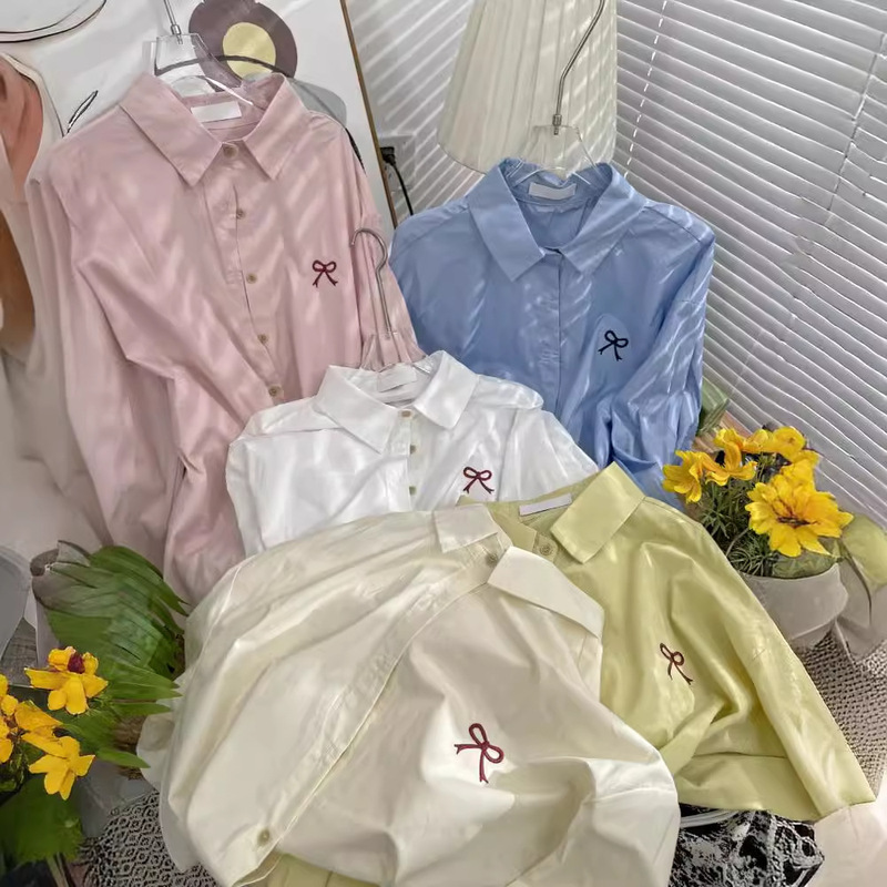 Clearance No Returns ~ Ootd Wishing Pool Girl ~ Korean Style Bowknot Embroidered Shirt Women's Spring Summer Sun Protection Top