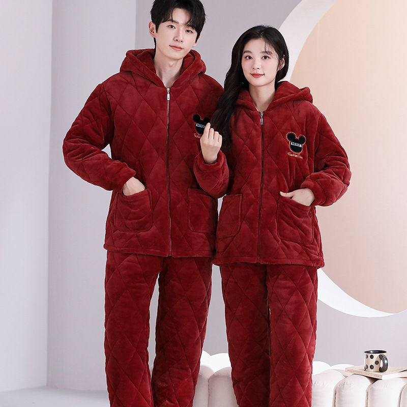 3 층 퀼트 파자마 겨울 후드 카디건 긴팔 두껍게 기모 빨간 가족 년 후드 커플 홈 옷