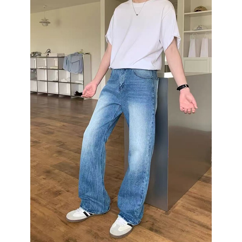 Summer New Style Lightning Wave Pattern Ice Blue Denim Heavy-Duty Washed Slub Straight-Leg Flared Jeans for Men Cross-Border Summer New Style Lightning Wave Pattern Ice Blue Denim Heavy-Duty Washed Slub Straight-Leg Flared Jeans for Men Cross-Border