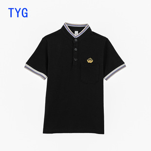 Boys' Short-Sleeve Polo Shirt with Stand Collar, Pocket Embroidery, Simple Style, Pique Cotton for Older Children