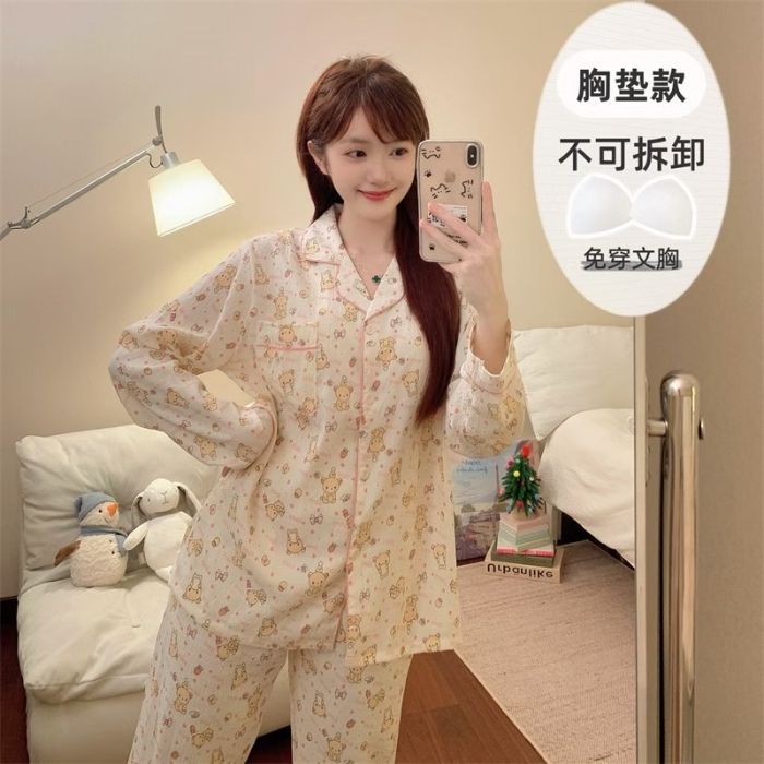 Al por mayor transfronterizo otoño nuevo pijama de nube de algodón con collar cardigan con cojín de pecho manga larga dulce conjunto de ropa de hogar