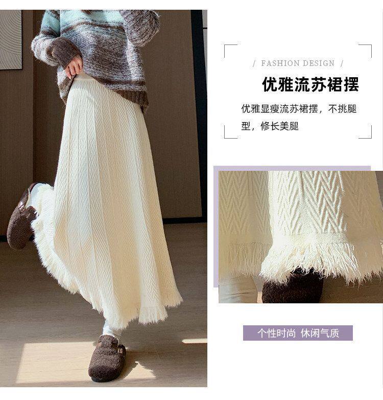 Chân váy dệt kim dày nữ dáng chữ A cạp cao xếp ly tua rua dáng dài — màu kaki, màu mơ, xám đậm, đen chi tiết 11