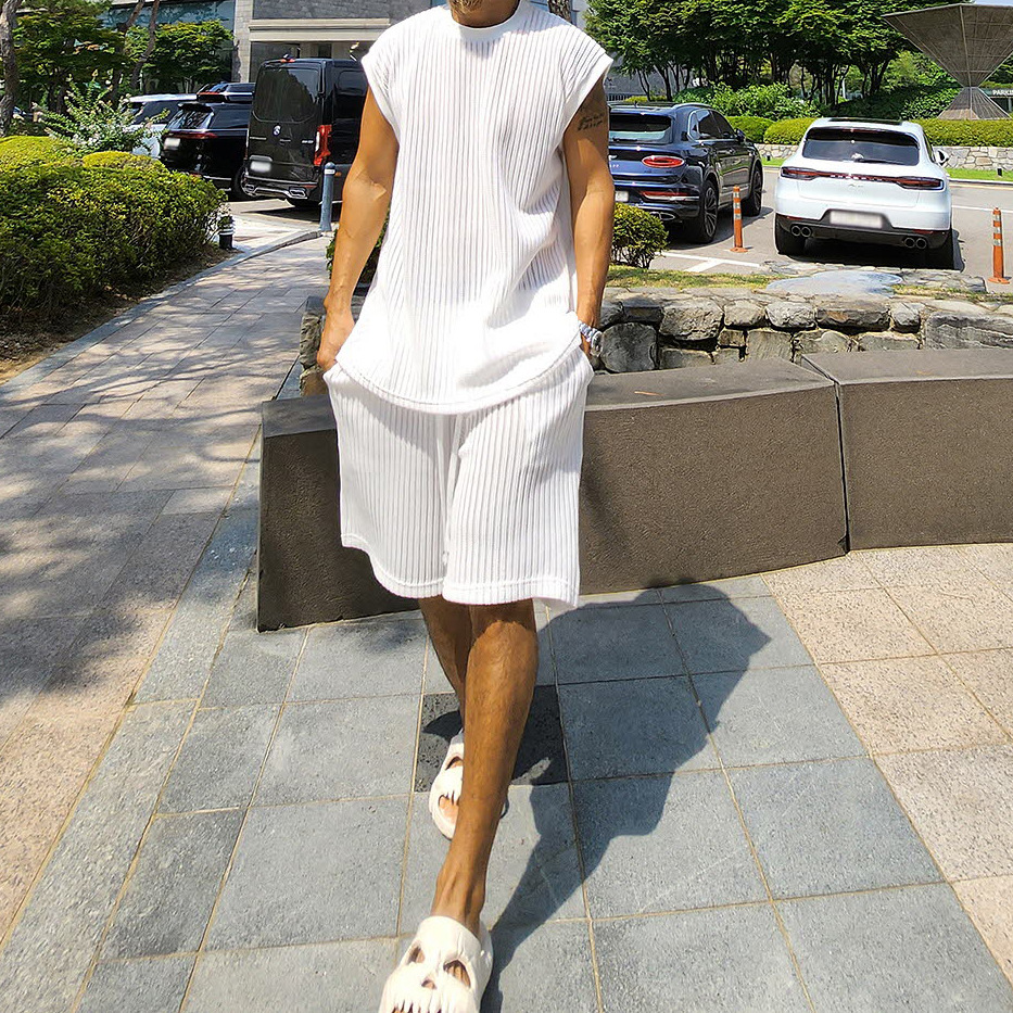 休闲毛衣套装男夏宽松背心T恤短裤男装毛织套装男士2025夏季新款