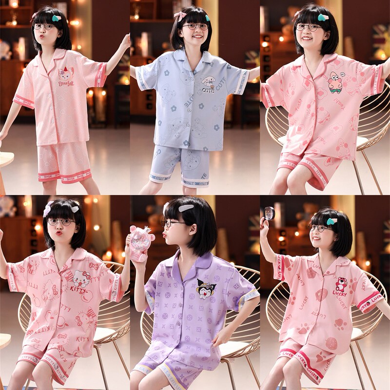 Children's Pajamas Girls Summer Cotton Short-sleeved Thin Cartoon Korean Style Summer Home Clothes Suit Children's Pajamas Girls Summer Cotton Short-sleeved Thin Cartoon Korean Style Summer Home Clothes Suit