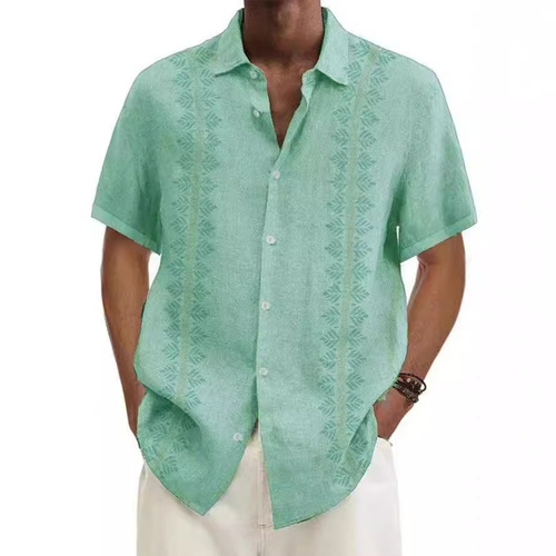 Summer Men 3D Print Short Sleeve Shirt Striped Loose Men's Top Mid-Blue Men's Shirt
