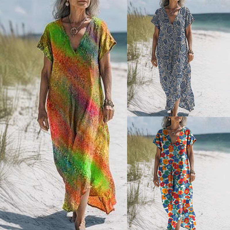 2025 유럽과 미국의 대외 무역 국경 여성 꽃 V-목 느슨한 긴 여름 해변 보헤미안 원피스