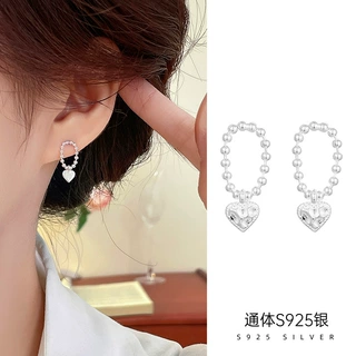榕树下S925银ins风肌理感串珠爱心耳钉女精致小众韩国耳饰品新款