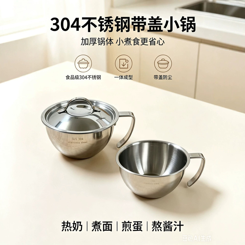 304 Stainless Steel Breakfast Cup, Yogurt Bowl, Milk Cup, Eating Bowl, Baking and Egg-Beating Bowl, Measuring Cup with Handle, Multi-Purpose Bowl