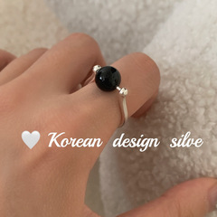 韓版簡約銀飾品 S925純銀滾輪小蠻腰黑瑪瑙戒指 可調節指環女ins