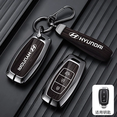 Car key bag, Hyundai Tucson L Key Cover - standard-type-a-3-button-wood-grain-coffee-leather-buckle