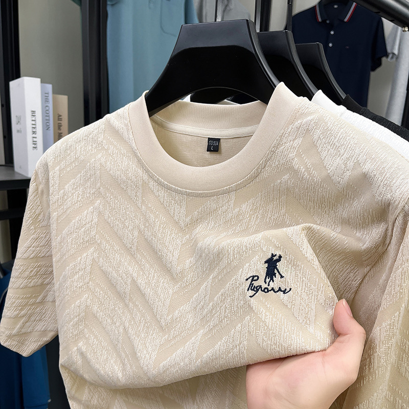 Summer New Men's T-Shirt Round Neck Half-Sleeved Loose Jacquard Exquisite Embroider Simple Fashion Casual Short-Sleeved Men's T-Shirt