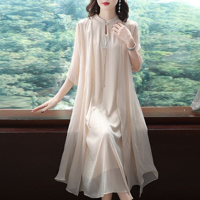 2026 Spring/Summer Two-Piece Hanfu Long Dress Chinese Style Women's Retro Elegant Improved Version of Qipao Spun Yarn Dress 2026 Spring/Summer Two-Piece Hanfu Long Dress Chinese Style Women's Retro Elegant Improved Version of Qipao Spun Yarn Dress