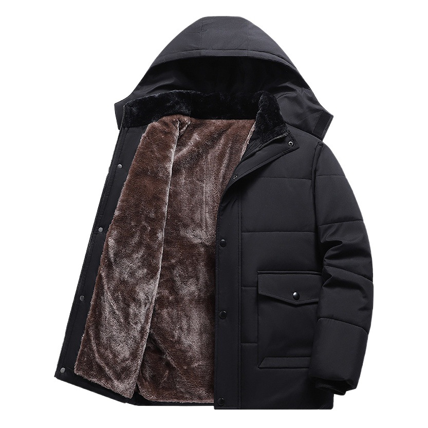 Invierno de mediana edad y ancianos forrado de vellón engrosado abrigo de algodón acolchado de los hombres chaqueta con capucha de los hombres versátil casual Mediados de longitud de algodón acolchado cálido abrigo de algodón acolchado