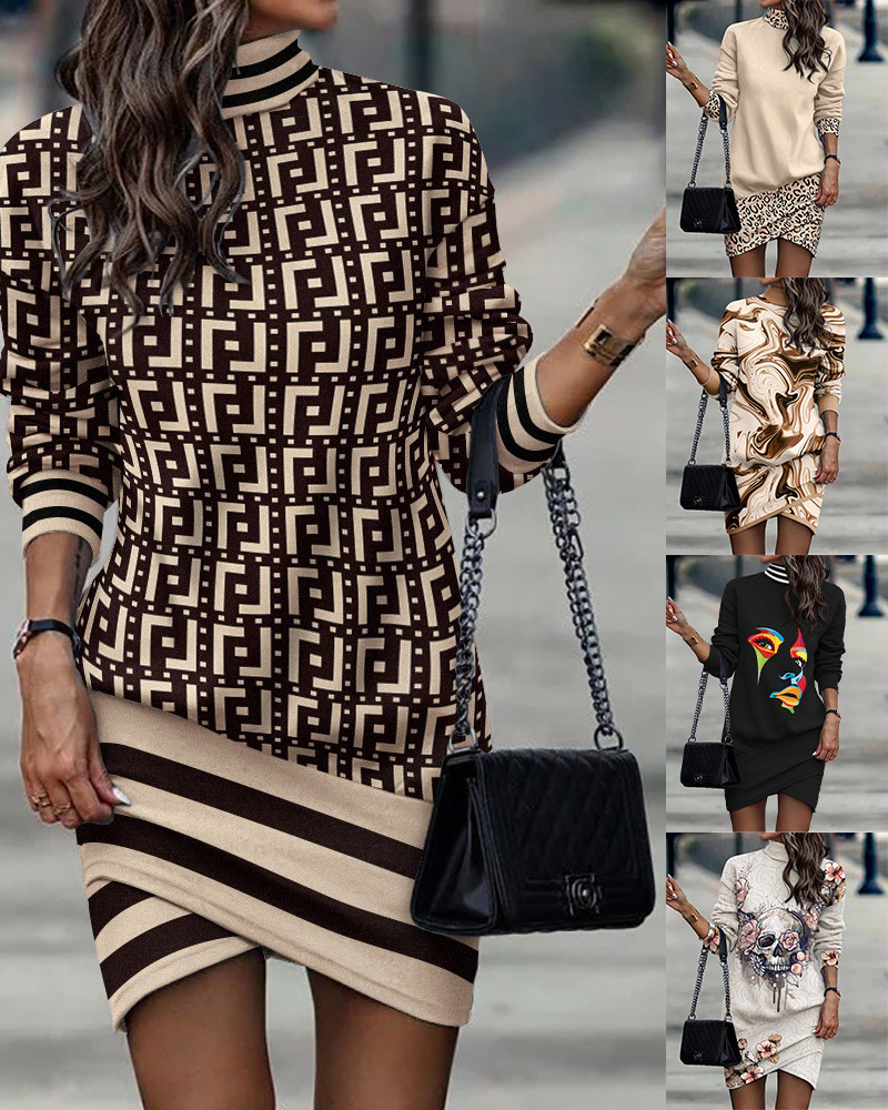 245g Weight Above Knee Dress Length Type Long Sleeve Sleeve Length Wholesale Women'S British Style Printing Patchwork Leopard Skull Daily Turtleneck Long Sleeve Irregular Skirt