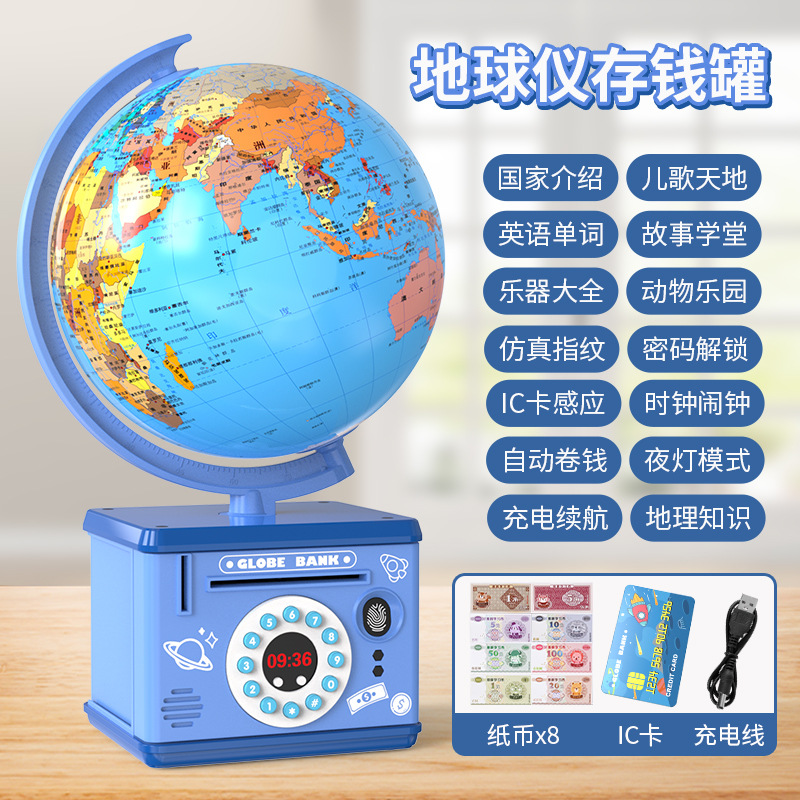 Blue banknotes, coins, postcard