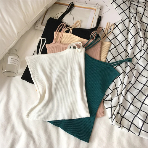Solid color new Hong Kong style summer clothing new simple inner knitted vest female small sexy double strap elastic knitted sweater