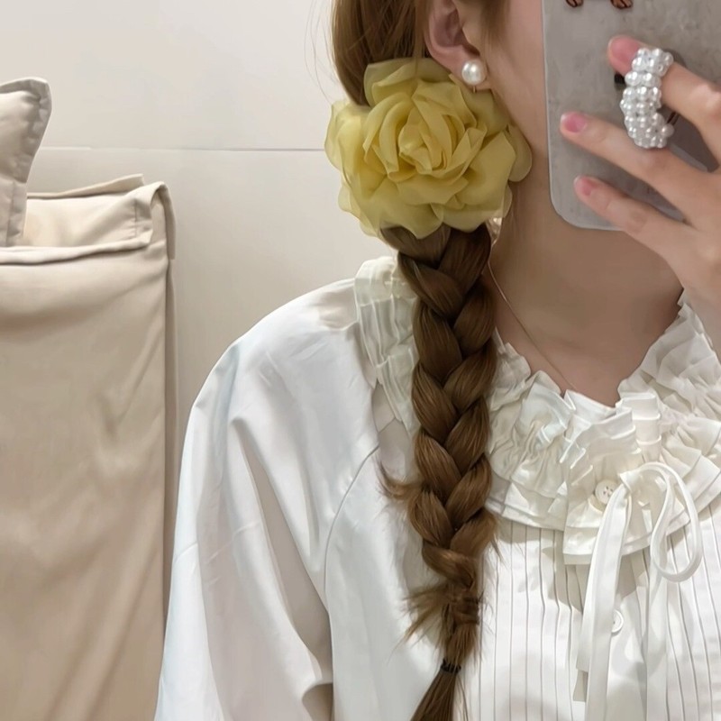 韓国の東大門と同じスタイルのガーゼフラワー甘いヘアピン椿グリッパーボールヘッドポニーテールエレガントなヘアアクセサリーシャーククリップ|undefined