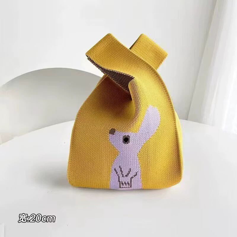 knitted shoulder bag, small handheld organizer purse, rabbit/kangaroo motif, lightweight