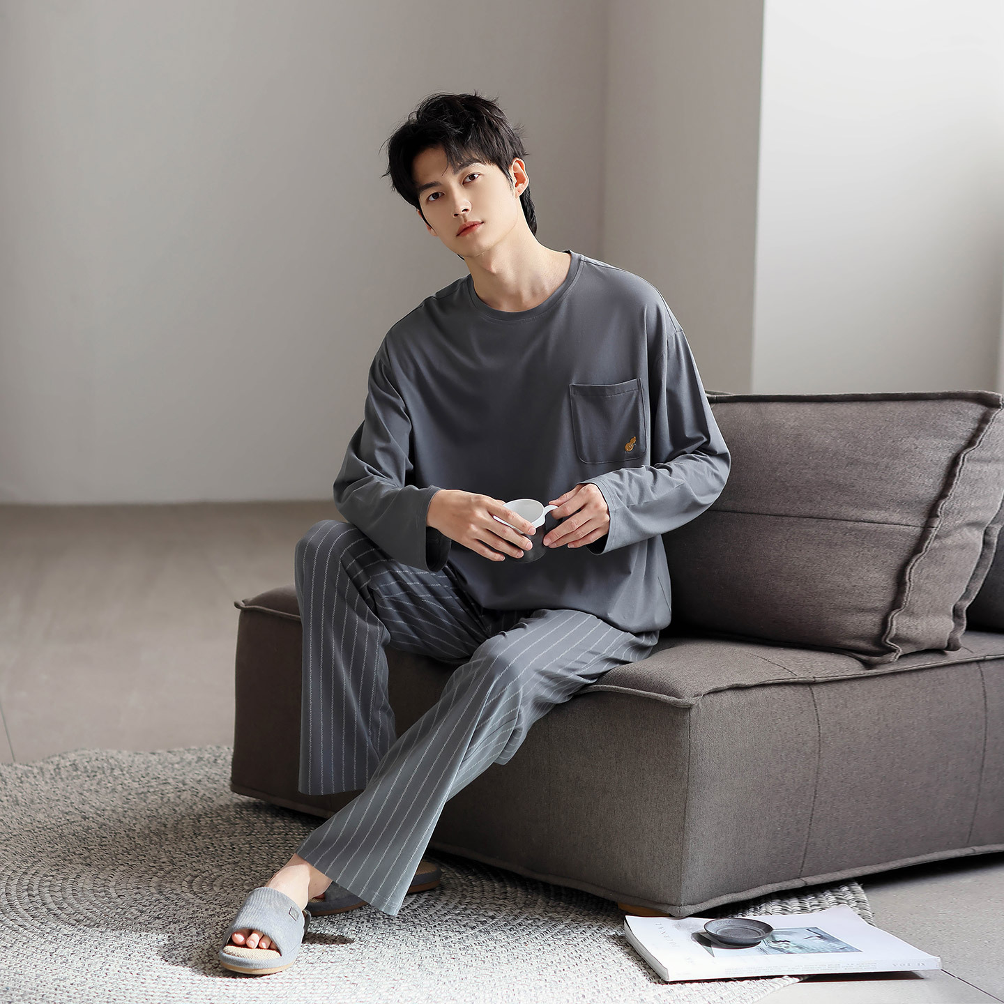 Pajamas Men's Modal Autum New Long-Sleeved Gray Suit Youth Large Size Stripesd Pants Spring and Autum Home Clothes