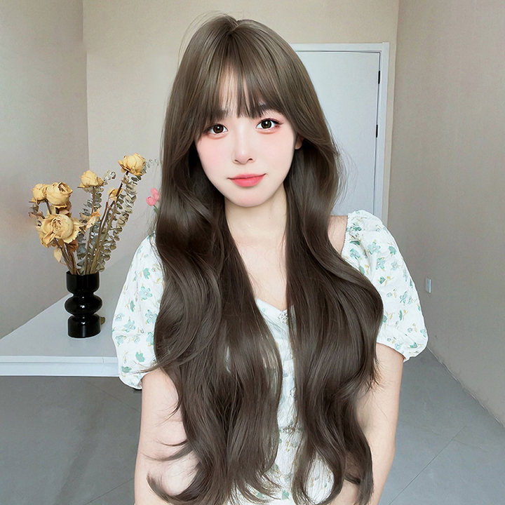 Cross-Border Hot-Selling Wig for Women with Long Hair, Air Bangs, Curly Hair, Daily Use, Hazelnut Gray-Brown, Realistic Synthetic Hair Full Wig Set