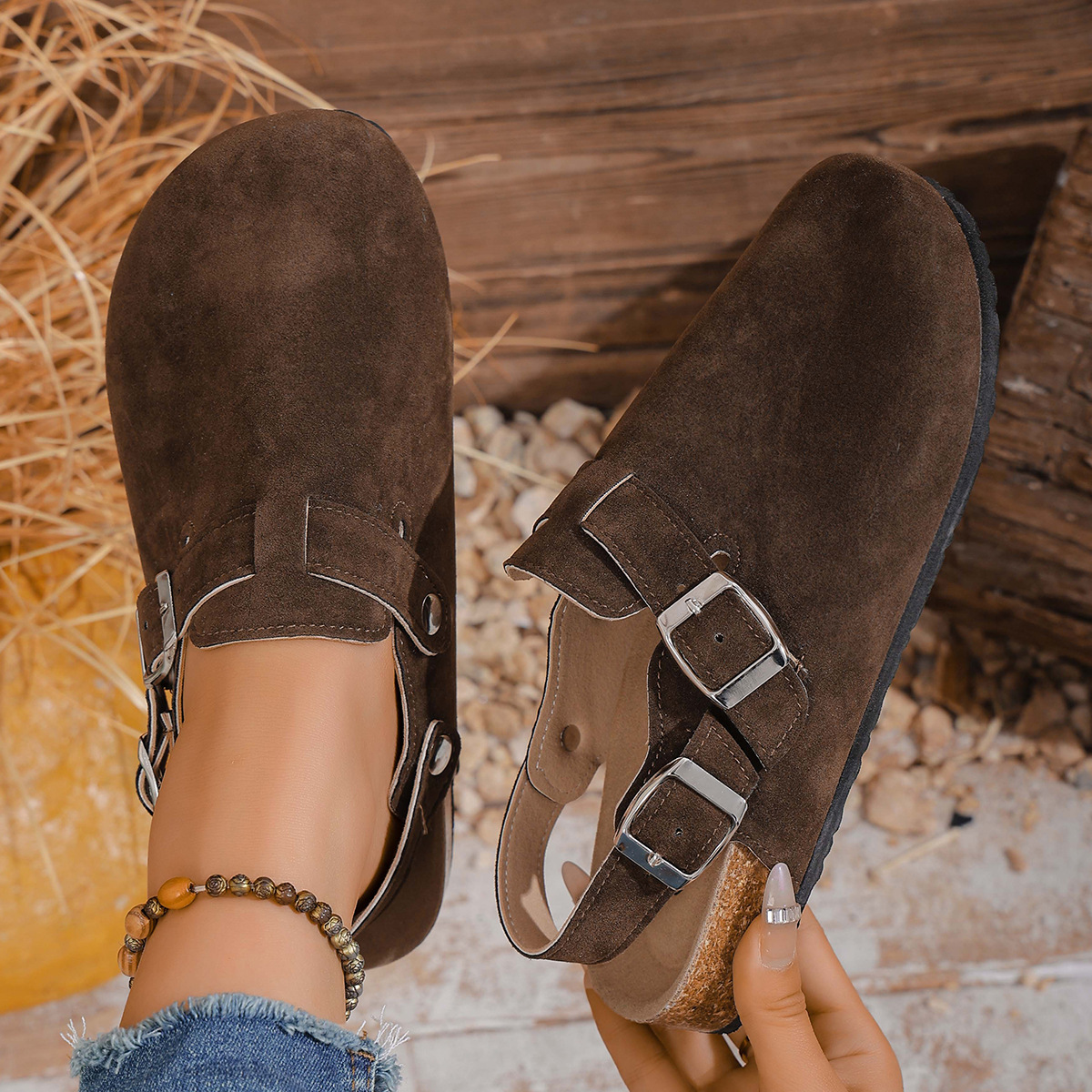 Large Size Thick-Soled Closed-Toe Birkenstock-Style Mules with Metal Buckle for Outdoor Wear, Slip-On Casual Shoes for Autumn 2025