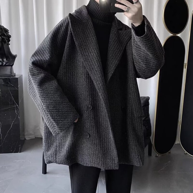 High-End Double-Sided Cashmere Coat for Men, Mid-Length, Spring and Autumn, Solid Color, Stylish Casual Suit Collar, Youth Trench Coat, Trendy