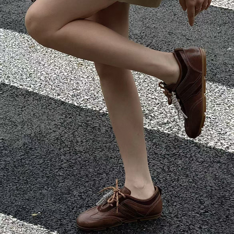 羊皮版~复古做旧德训阿甘鞋女2025新款百搭休闲收拾平底系带板鞋|undefined