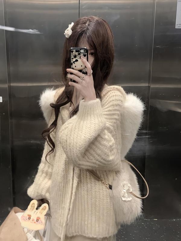软糯杏色连帽毛领毛衣女秋冬慵懒松弛感宽松外穿保暖针织开衫外套|undefined
